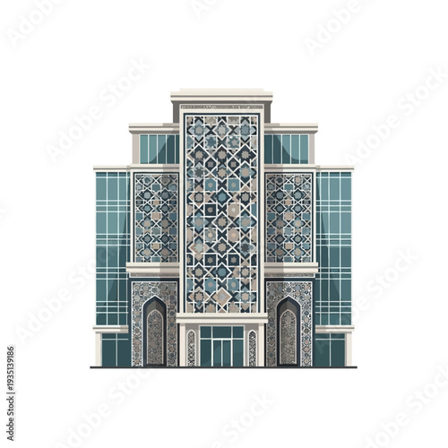 Modern mosque architecture with intricate geometric patterns and blue glass facade