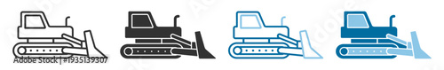 Bulldozer tractor icon, heavy construction machinery vehicle with blade in outline and silhouette vector illustration on transparent background