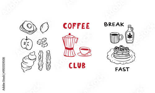 Doodle vector breakfast food and drinks posters.