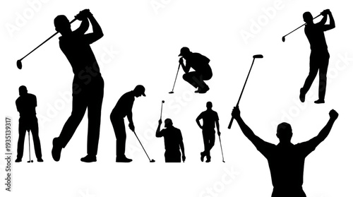 Golf Player Action Silhouette Vector Collection Sport Swing Set