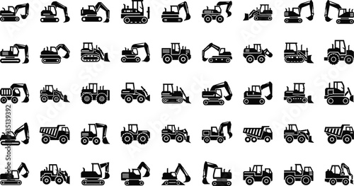 Construction machinery silhouette icon set featuring excavator, bulldozer, loader and dump truck, heavy equipment collection isolated on white background for industrial design