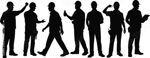 construction worker silhouettes black hard hat builders team gesturing talking walking holding bottle clipboard vector clipart set