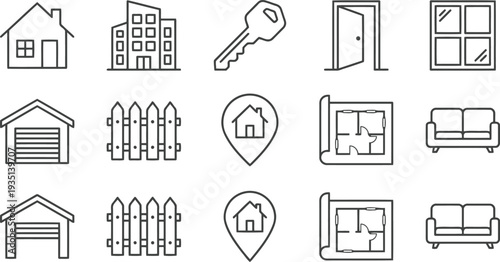 Set of minimalist line icons for real estate, housing, and property management concepts