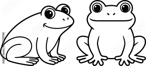 cute smiling frogs black white line art illustration cartoon amphibian pair happy frogs sitting outline vector clipart kids coloring