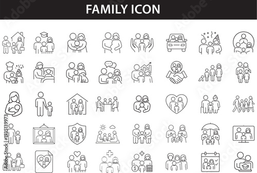 Collection of diverse family icons in linear style representing relationships and togetherness