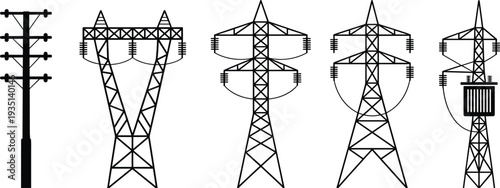 Set of high voltage power line transmission towers and electric pylon icons with distribution transformer on white background vector illustration