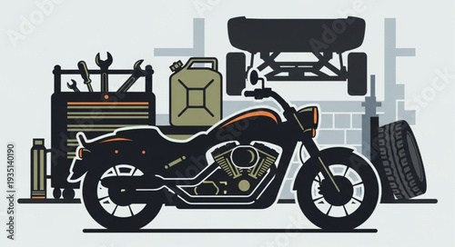 Motorcycle repair shop with tools and equipment illustration.
