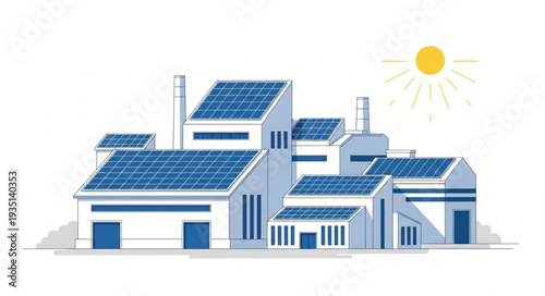 Modern buildings with solar panels on roofs under the sun.