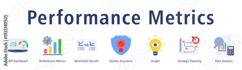 Performance metrics web banner icon vector illustration concept with icon of KPI dashboard, performance metrics, benchmark results, quality assurance, insight, strategic planning, and data analysis.