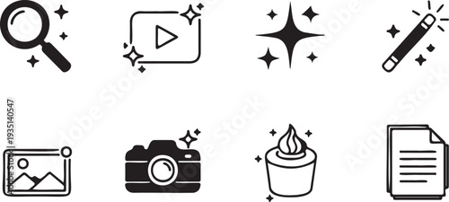 Set of 8 Black and White Sparkle Effect Vector Icons for Creative Content, Editing, and Enhancement Features in Digital Design