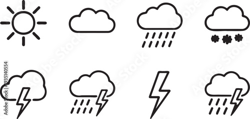 Set of 8 Outline Weather Icons Vector: Sun, Cloud, Rain, Snow, Thunderstorm, and Lightning for Forecast Apps and Websites