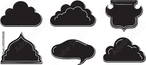 Set of 6 Black Speech Bubble and Cloud Shape Vector Icons for Communication, Data, and Text Boxes in Modern Flat Design