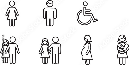 Black and white line human figures including woman man disabled person couple pregnant woman and baby