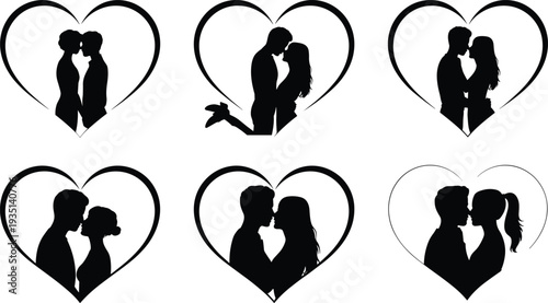 PrintRomantic couple silhouettes, love heart illustration, kissing embrace design, affectionate pose artwork, relationship concept, passion symbol, romance art, valentine theme