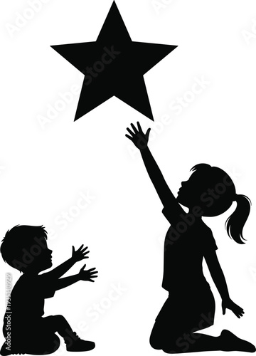 Vector silhouette of a young boy and girl reaching for a large shining star representing childhood dreams future goals and ambition