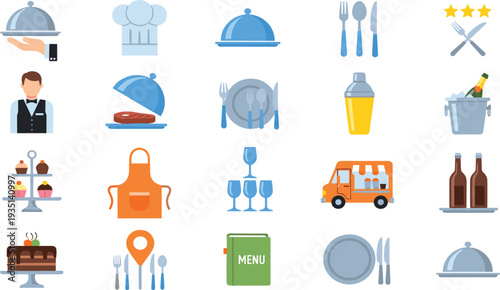 Restaurant and catering service icon collection with chef waiter menu food tray drink glasses and kitchen equipment vector set.