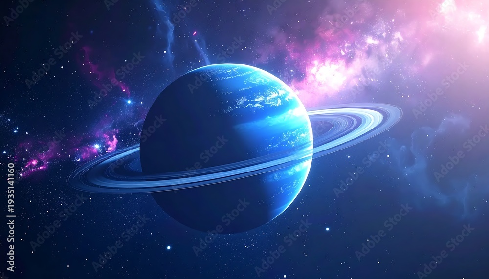 Naklejka premium A vibrant blue planet with a ring system in a starry purple and pink galaxy