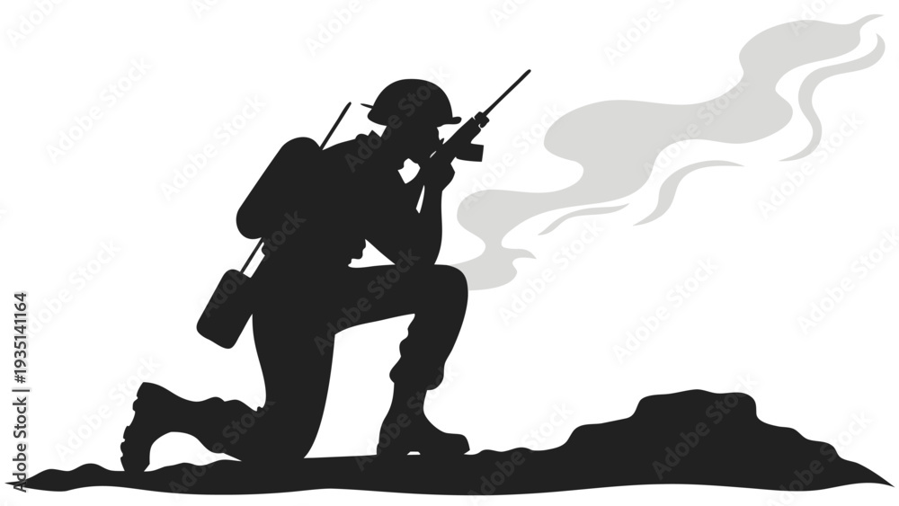 Obraz premium Soldier in combat kneeling with rifle silhouette illustration with smoke