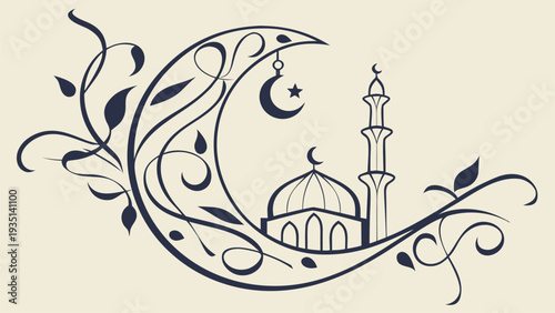 Peaceful mosque silhouette with crescent moon and star on beige background with floral design