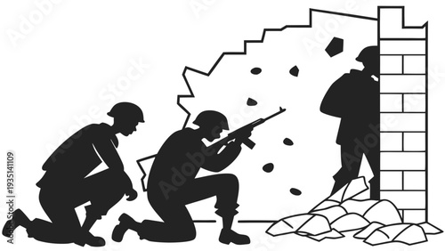 Soldiers in combat kneeling and standing taking cover behind rubble and wall black silhouettes