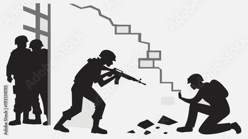 Soldiers in tactical positions with weapons and gear in a ruined environment with broken walls