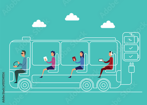 Electric Bus Interior with Passengers Using Devices Flat Illustration