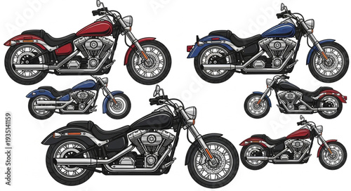 Collection of various custom cruiser motorcycles displayed from different angles.
