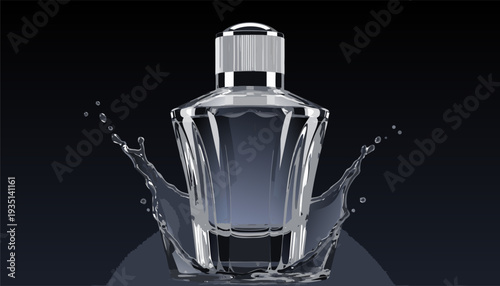 Generic perfume bottle with splashing water on dark background luxury fragrance concept