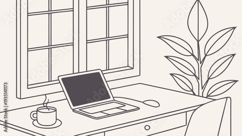 Modern cozy home office interior illustration with laptop and coffee