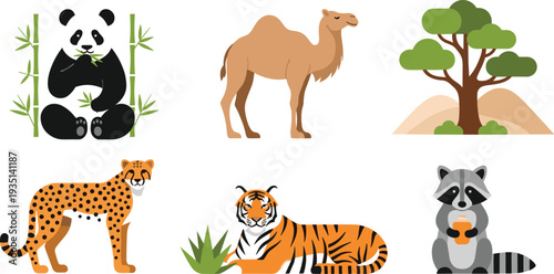 Wildlife animal illustration set with panda camel cheetah tiger raccoon and tree nature elements isolated vector collection.