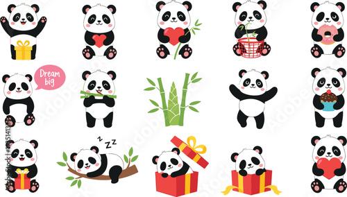 Cute panda cartoon character collection with gifts bamboo heart and sleeping poses adorable animal illustration for kids design.
