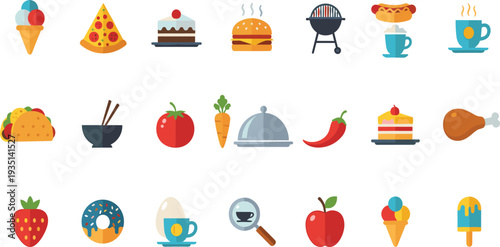 Food and drink icon collection with pizza burger ice cream coffee taco fruit cake and barbecue vector illustration set.
