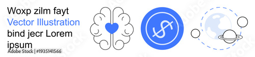 Mental health, financial progress, science, innovation, education, exploration. Abstract series of icons a brain with a heart, a dollar sign and a planetary system. Mental health and financial