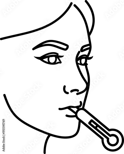 Woman taking her temperature with a thermometer