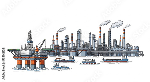 Oil rig and refinery complex with ships in water.