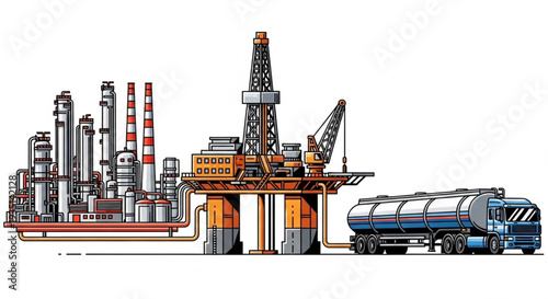 Oil rig and refinery complex with tanker truck illustration.