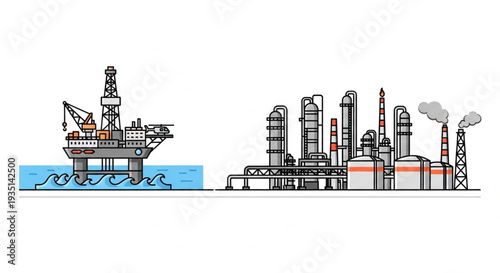 Oil Rig and Refinery Illustration.