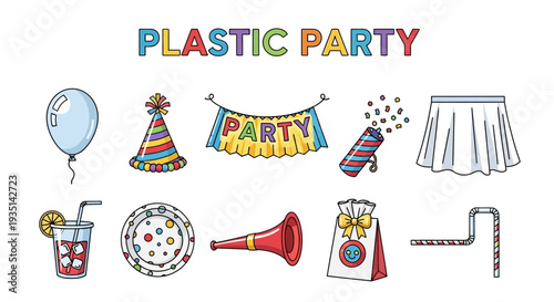 Colorful cartoon icons of plastic party supplies arranged in two rows