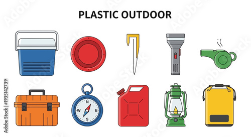 Illustration of ten plastic outdoor and camping gear items on a white background