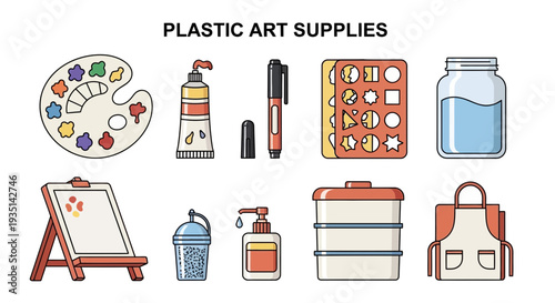 Illustration of various plastic art supplies arranged in two rows
