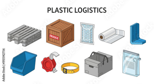 Collection of nine isometric illustrations of plastic logistics and packaging items