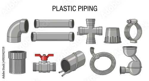 An illustration depicting various gray plastic piping components and fittings