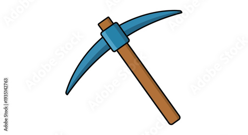 Simple cartoon illustration of a pickaxe with a blue head and wooden handle