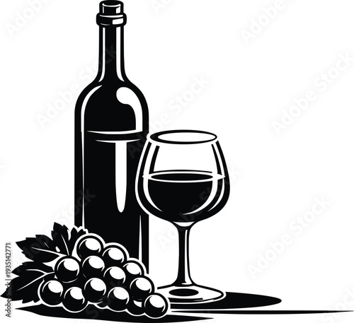 Wine Bottle Glass and Grapes Vintage Vector Illustration.