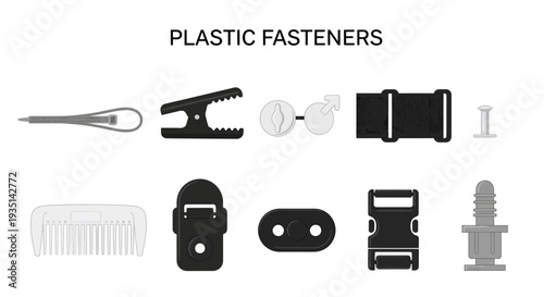 Assortment of various plastic fasteners displayed on a white background
