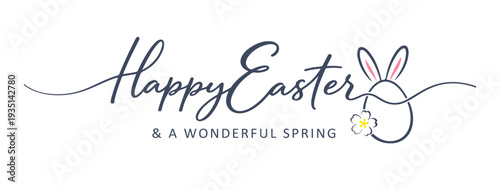 Happy Easter logo with continuous line art typography and egg illustration for spring season and Easter Sunday celebrations.