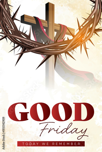 Good Friday Poster Design with Crown of Thorns, Woden Cross and Red Drape Over Gradient Background