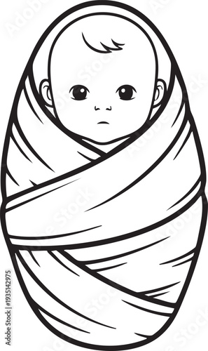 Black and white line of a baby swaddled line wrapped swaddling