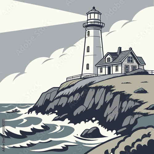 Cliffside Lighthouse Over Ocean Waves