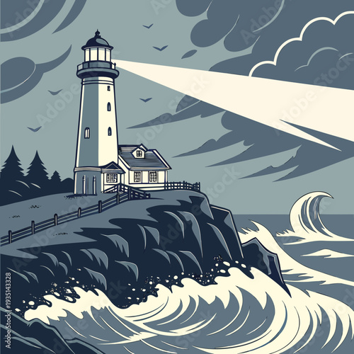 Cliffside Lighthouse Over Ocean Waves